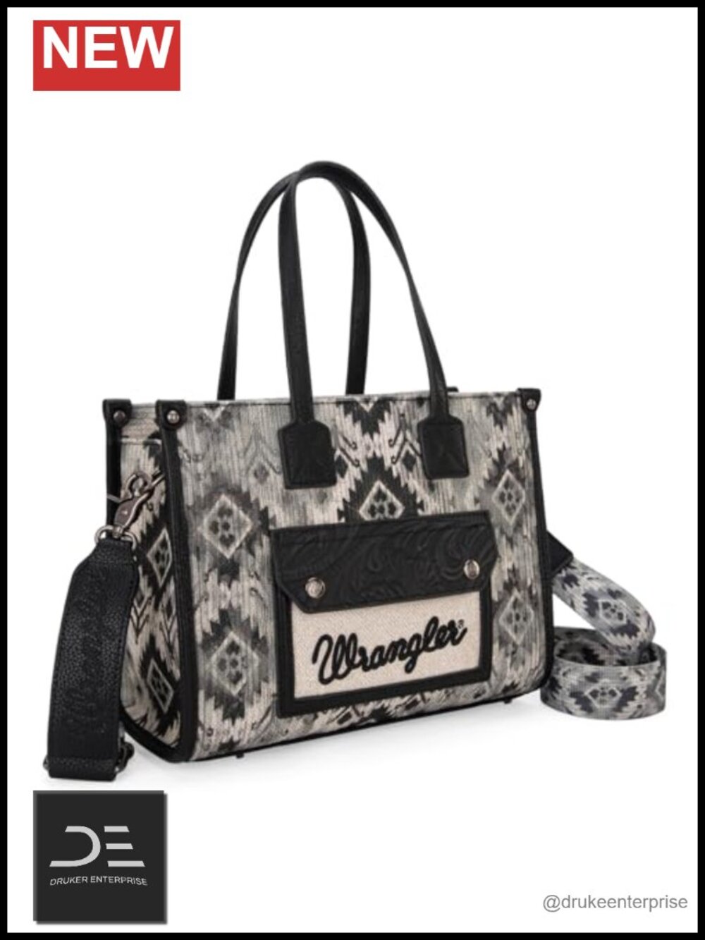 Aztec Print Canvas Tote Bag with Vegan Leather Trim Crossbody
